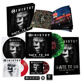 the album cover for Ministry - Hate To Go - Take Out Or Delivery [Deluxe Box - Black/Green Splatter]