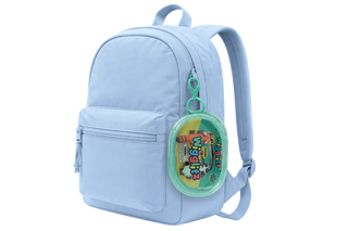 Wigglitz Clear Carrying Pouch on a blue backpack
