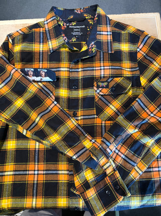 Middle Of Beyond Mothra Style Flannel Button Up, Orange/Yellow/Black, M