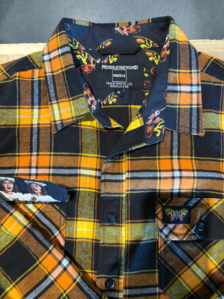 Middle Of Beyond Mothra Style Flannel Button Up, Orange/Yellow/Black, M