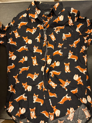 Corgi Button Up Short Sleeve Shirt, Black, M