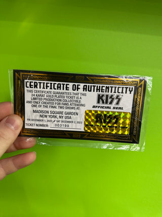 Kiss- End Of The Road Tour VIP 24 Karat Gold Plated Ticket (#003199 w/COA)