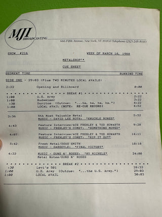 Metalshop- Radio's Weekly Metal Magazine: 3/18/1988 (ft Metallica, Gargoyle, Fifth Angel, Frehley's Comet Plus Ace Frehley Interview)(w/Cue Sheet)