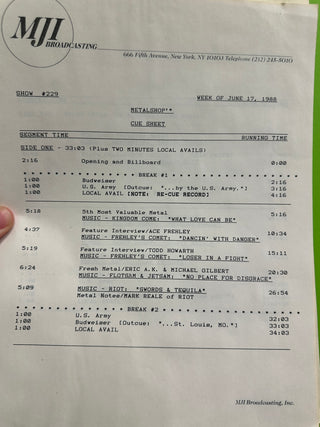 Metalshop- Radio's Weekly Metal Magazine: 6/17/1988 (ft Flotsam & Jetsam, Riot, Frehley's Comet, Plus Ace Frehley Interview)(w/Cue Sheet)