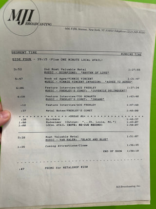 Metalshop- Radio's Weekly Metal Magazine: 6/17/1988 (ft Flotsam & Jetsam, Riot, Frehley's Comet, Plus Ace Frehley Interview)(w/Cue Sheet)
