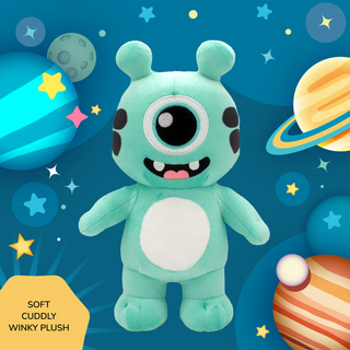 Winky From Wigglitz Plush toy with space-themed background featuring planets and stars.