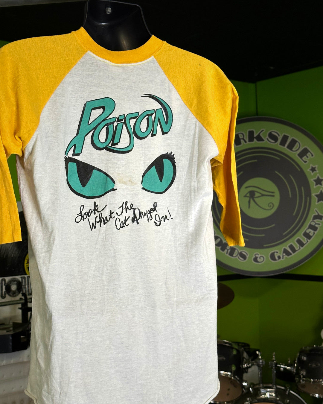 Poison 1986 Look What The Cat Dragged In Raglan/Baseball T-Shirt, White w/Yellow Arms, M (Tagged XL)(Measures 26” Waist, 28” Long, 19” Pit To Pit) - Darkside Records