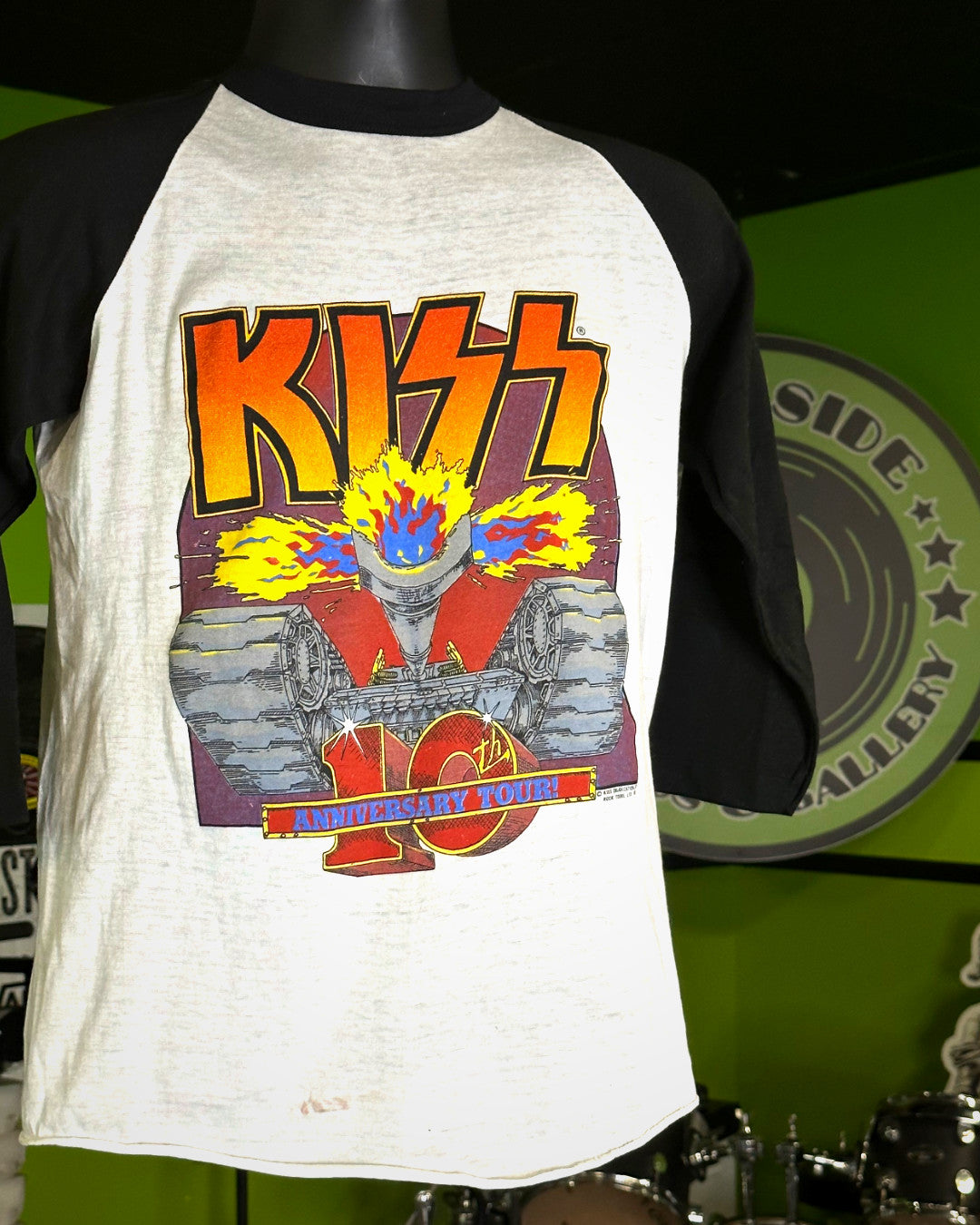 Kiss 1982 10th Anniversary Raglan/Baseball T-Shirt, White w/Black Arms, S (Tagged L)(Measures 25” Long, 18” Pit To Pit) - Darkside Records