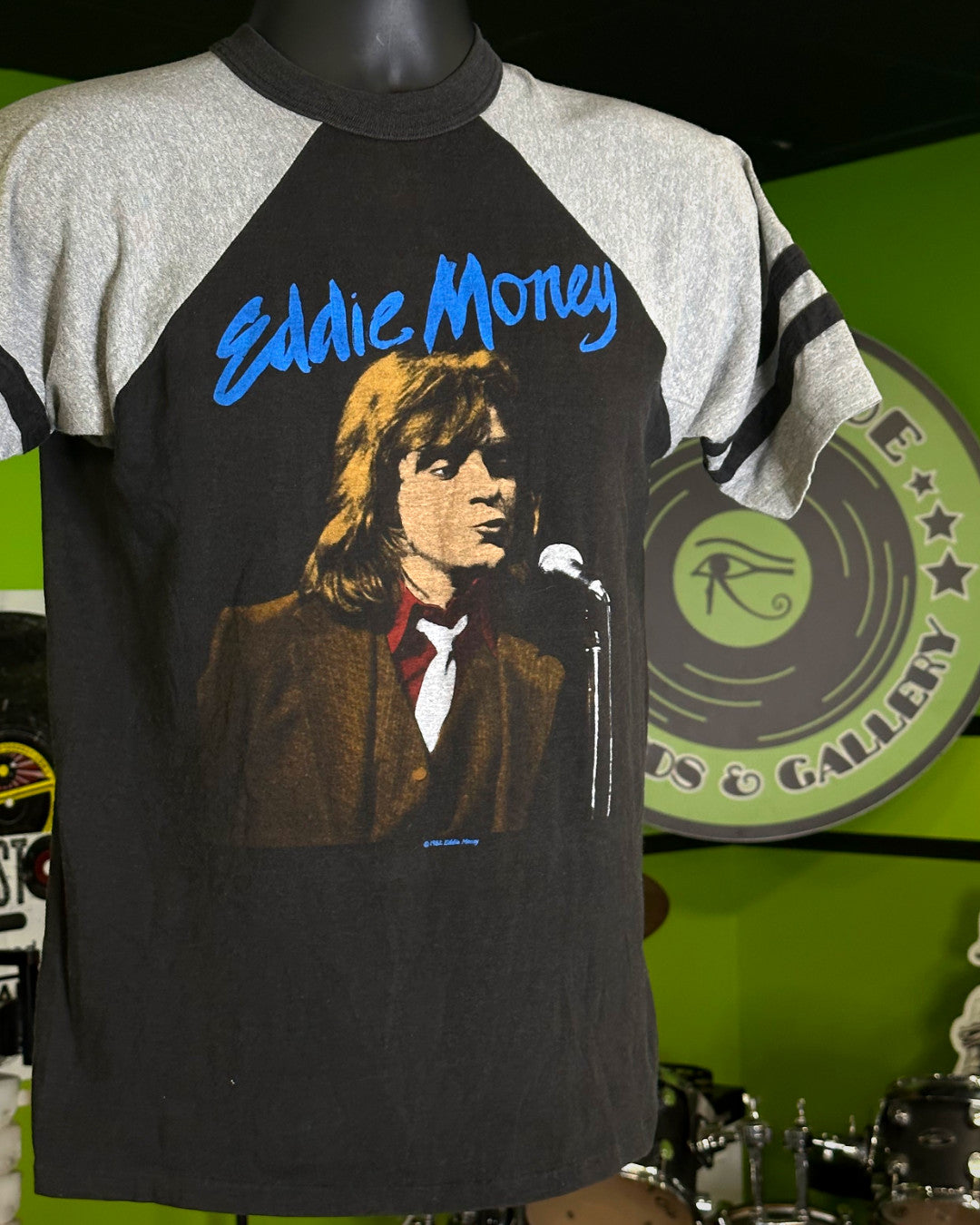 Eddie Money 1982 Shakin Texas Tour T-Shirt, Black w/Grey Arms & Black Stripes, S (Tagged Medium)(Measures 24.5” Long, 17.5” Pit To Pit) - Darkside Records